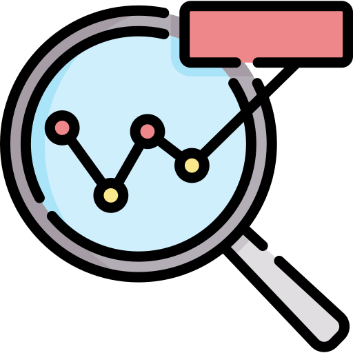 A magnifying glass over a graph with fluctuating data points, symbolizing analysis and research.