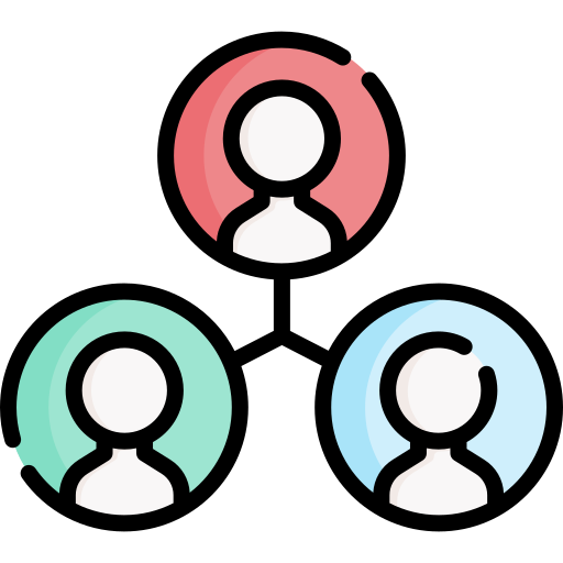 Three user icons in circular backgrounds: one red, one green, and one blue, representing social interaction or networking.